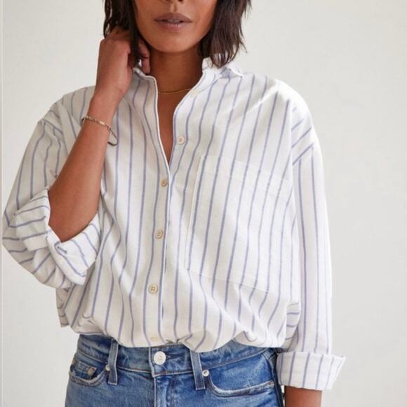 AYR Tops - AYR Deep End Button Down Shirt Striped Blue Lagoon